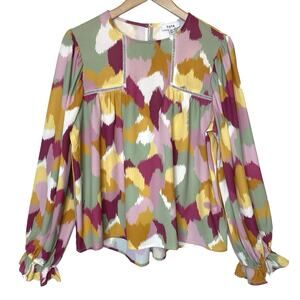 Fate Peasant Blouse Brushstroke Print Boho Top